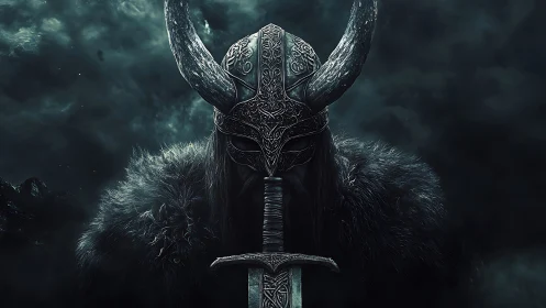 Brooding horned warrior with sword amid storm clouds.