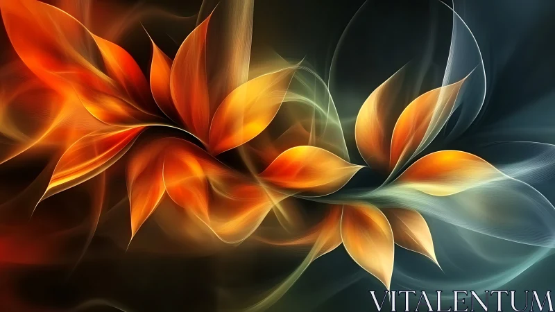 Fiery abstract petals arc through dark luminous space.