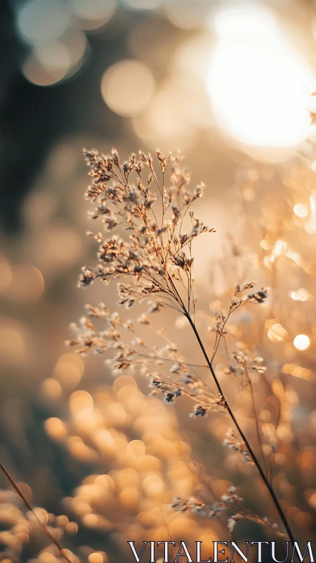 Backlit meadow stem with warm golden bokeh glow at sunset.