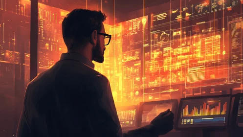 Data analyst surveys glowing cyber control wall in silence
