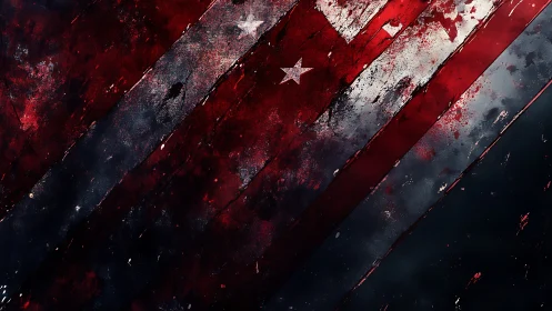 Distressed red and dark flag stripes slash across canvas.