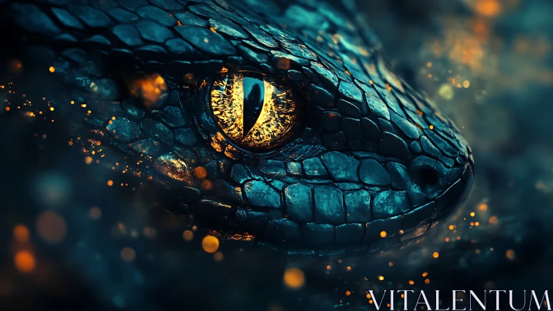 Ember-eyed serpent gazes through molten sparks of twilight.