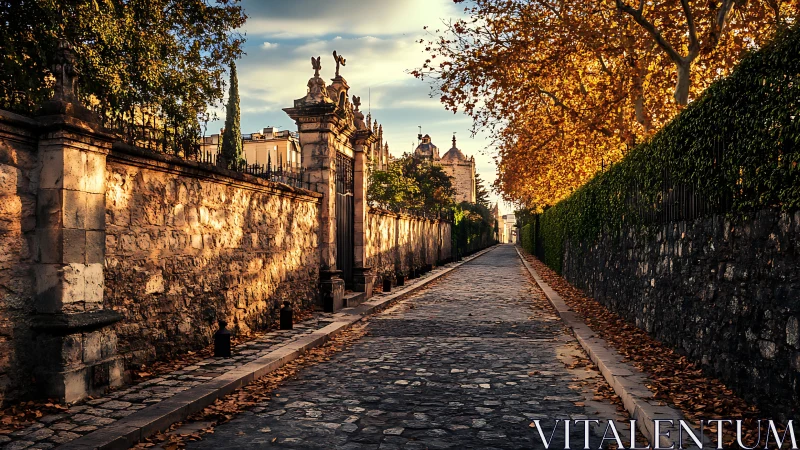 Cobblestone corridor in warm raking light toward historic gate.