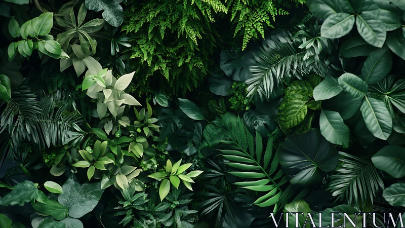Lush tropical foliage wall with layered green leaves.