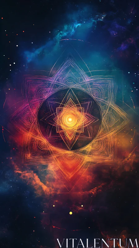 Celestial mandala radiating golden energy in cosmic nebula.