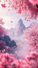 Cherry blossom valley frames solitary peak above misty river