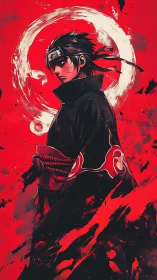 Crimson cloaked shinobi against enso vortex background.