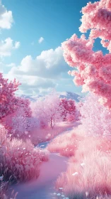 Chromatically inverted pink meadow under volumetric skyfield.