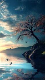 Tree, shoreline rocks and birds reflect on calm lake water