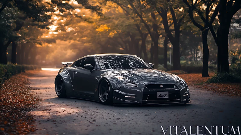 Midnight-gray GTR lounges under autumn’s glowing tunnel of trees