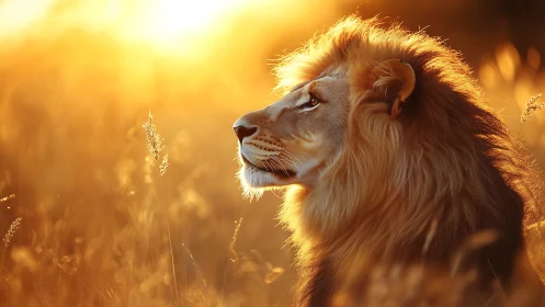 Backlit male lion profile in high-intensity golden bokeh field.