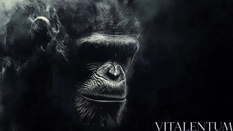 Side profile illustration of a chimpanzee in dark tones.