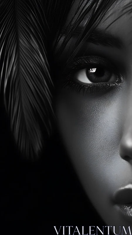 Monochrome close-up portrait with feather and glossy eye.