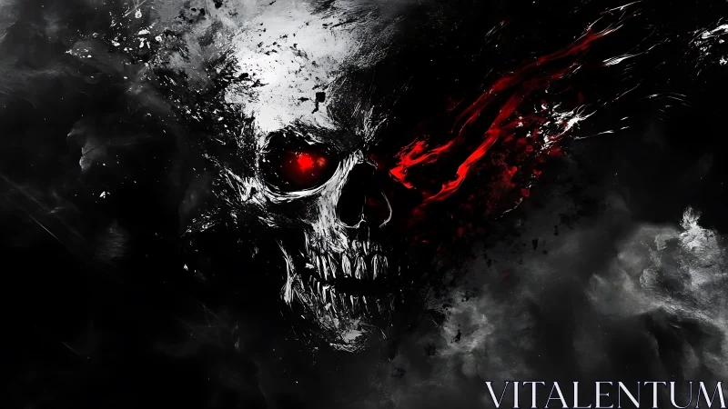 Cracked deathmask grins while a molten red gaze ignites night