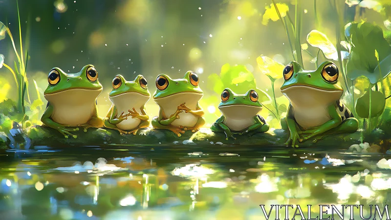 Row of stylized tree frogs sits by a reflective forest pond