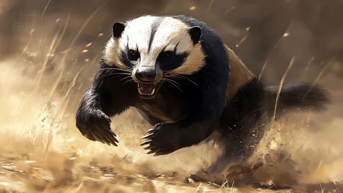 Wild badger charges through swirling dust in golden light.