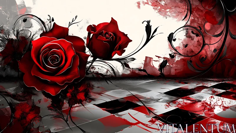 Red roses on abstract red, black and white patterned ground.