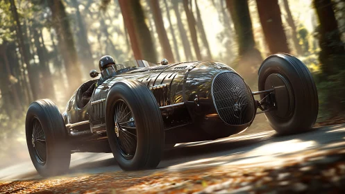 Photorealistic vintage race car blasting through forest light.