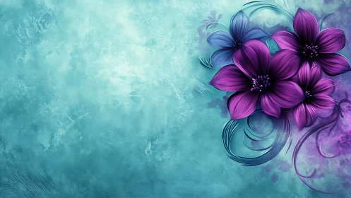 Magenta Cosmos Blooms Against Turquoise Abstraction. Digital Rendering.