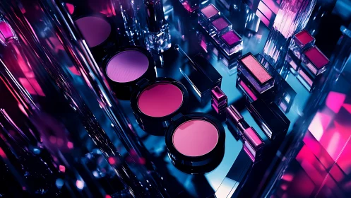 Luminous pink cosmetics glow in a futuristic mirrored vanity