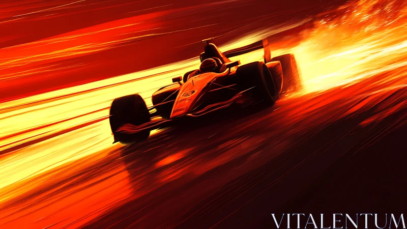 High-speed formula car rendered in dynamic motion blur and fire light