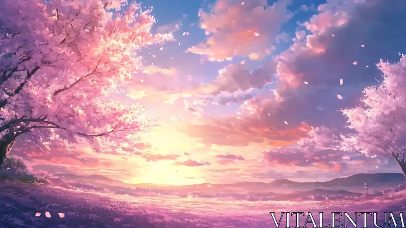 Blossoming cherry grove under radiant pastel sunset sky.