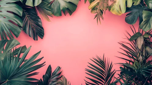 Tropical foliage border surrounding empty pink background.