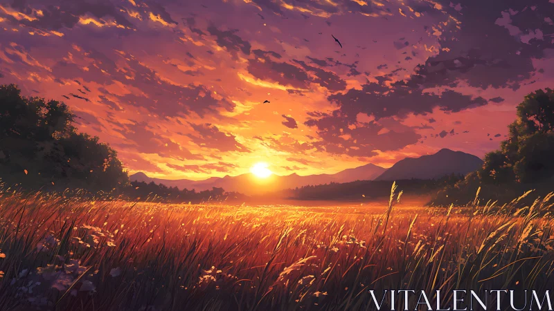 Sunset over golden field with distant mountains and trees.