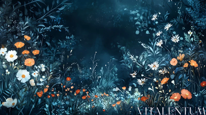 Moonlit wildflower meadow glows in deep blue nightscape.