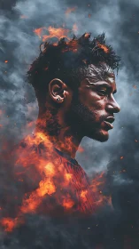 Fiery football portrait ignites determination amid smoke