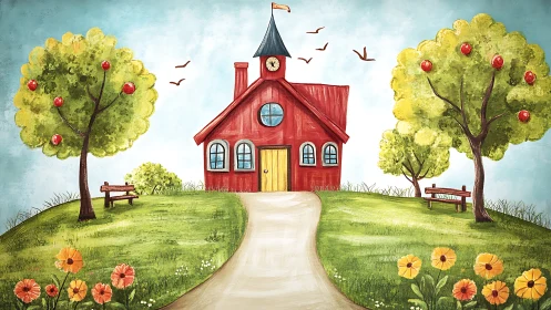 Whimsical red schoolhouse landscape in storybook watercolor style.