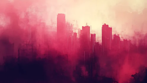 Abstract city skyline rendered in diffuse red atmospheric haze.