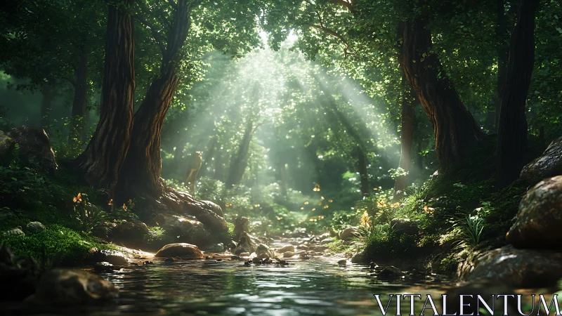 Luminescent forest stream with cathedral canopy effect.