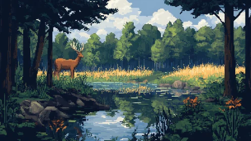Pixelated forest landscape with deer and stream amid dense woodland.
