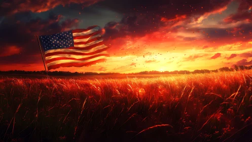 US flag in windswept prairie under dramatic sunset sky
