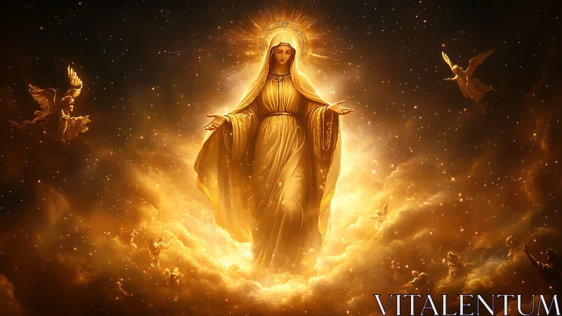 Radiant holy woman rising in glowing golden heaven scene.