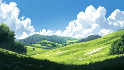 Sunlit green hills rolling beneath a sky of soft clouds.
