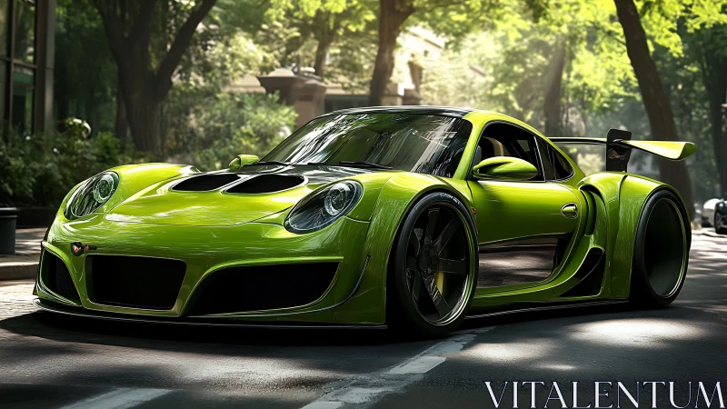Photorealistic lime-green supercar in urban boulevard lighting.