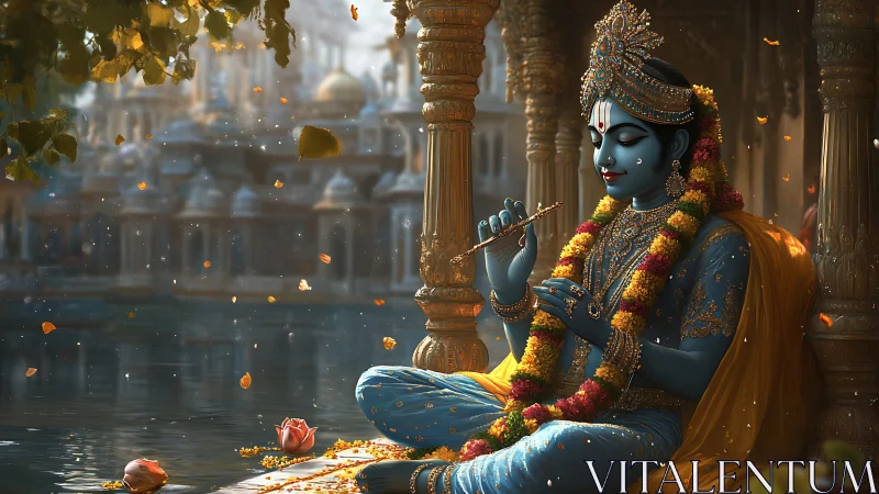 Divine blue figure with flute beside reflective temple waters.