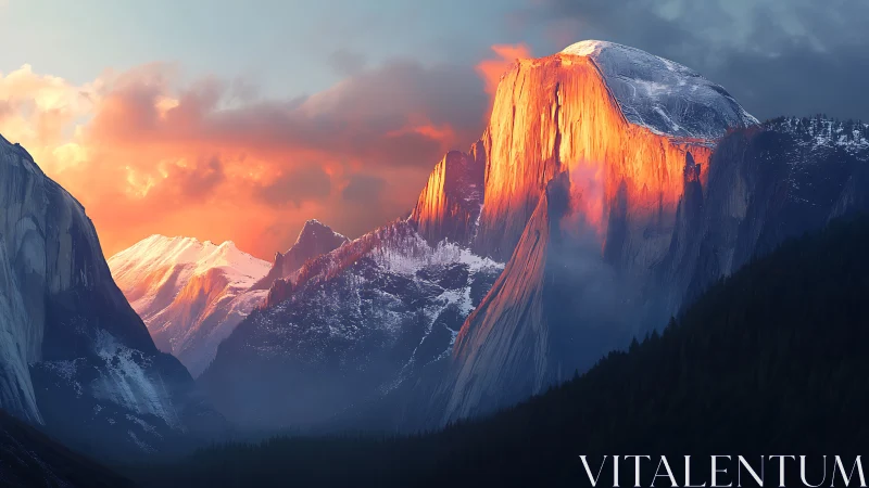 Sunlit granite giant wrapped in glowing alpine twilight.