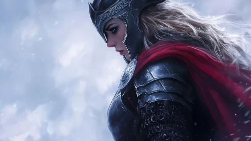Storm-lit warrior in silver armor and a wind-tossed red cloak.