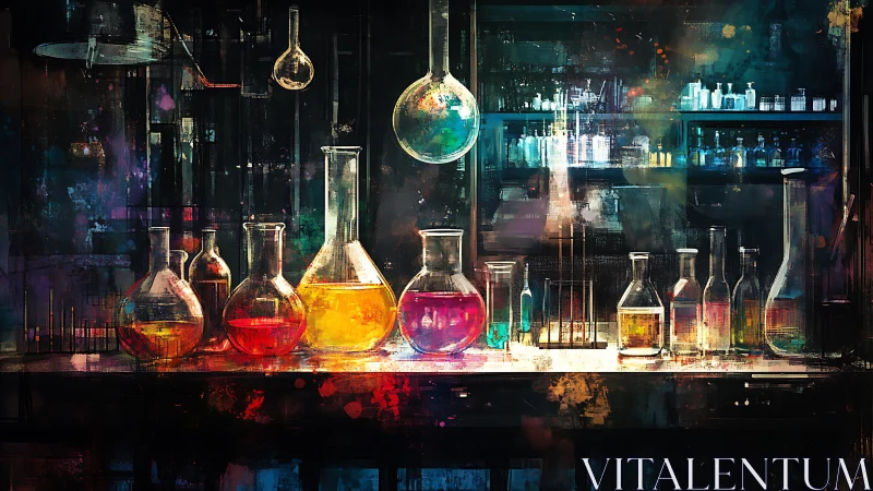 Chromatic laboratory glassware aligned on reflective bench surface