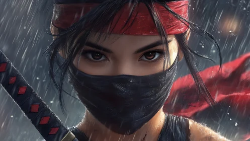 Masked warrior holds a steady gaze in a storm of rain