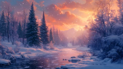 Snowy river valley under vivid orange winter sunset.