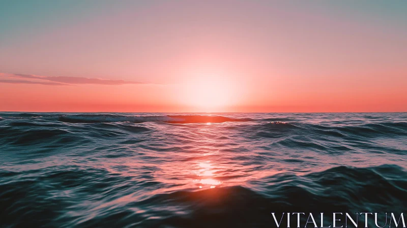 Photorealistic low-horizon seascape at neon dusk gradient.