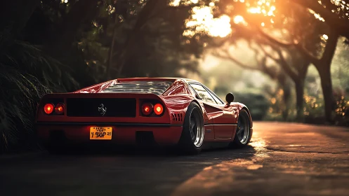 Red mid‑engine sports car is parked on a tree‑lined road