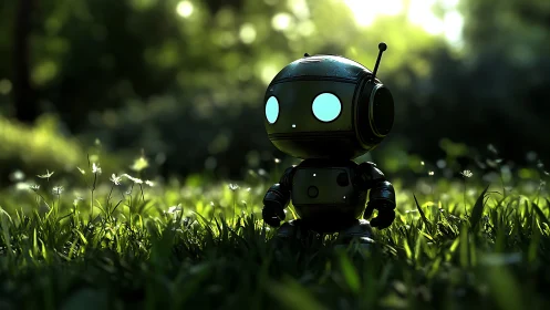 Small metallic robot standing in sunlit grassy clearing.