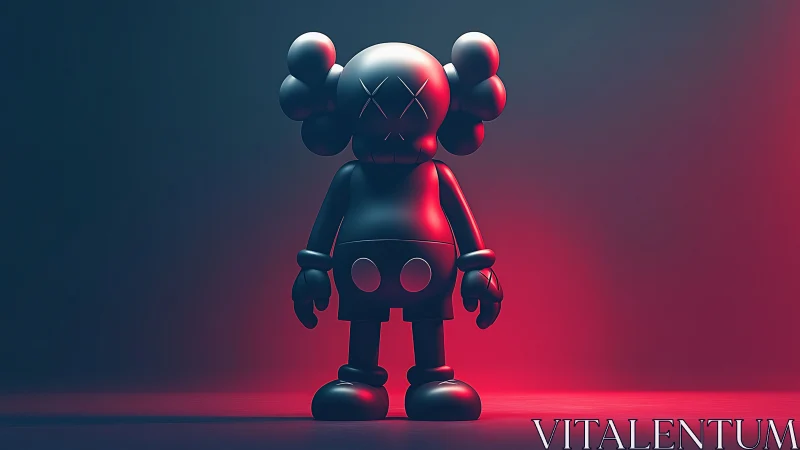 Toy-like figure in moody neon red and teal lighting study.