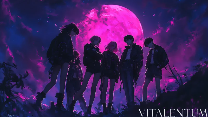 Midnight crew standing bold beneath a neon pink moon.