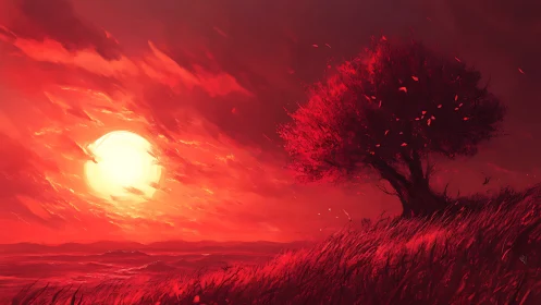Spectral crimson sunset with wind-sheared tree silhouette field.